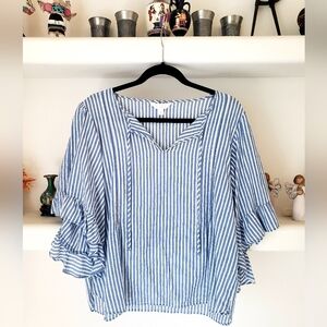LC Lauren Conrad Blue and White Striped Flutter Sleeve Blouse